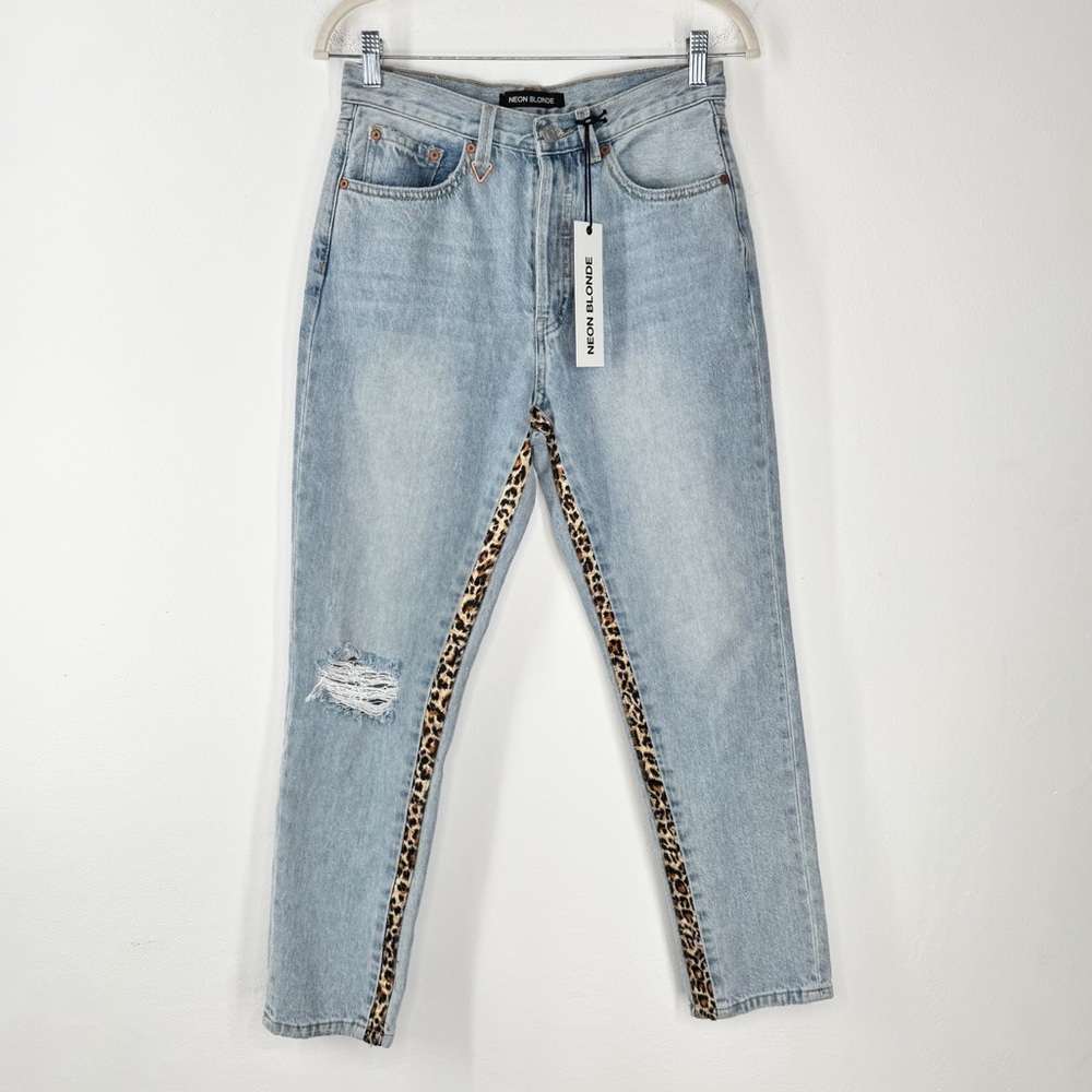 NWT Neon Blonde Siren High Rise Distressed Light Wash Jeans Leopard Print Stripe